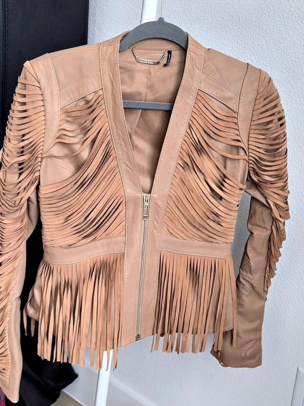 Marciano Fringe Leather-Style Jacket in Pink Like New